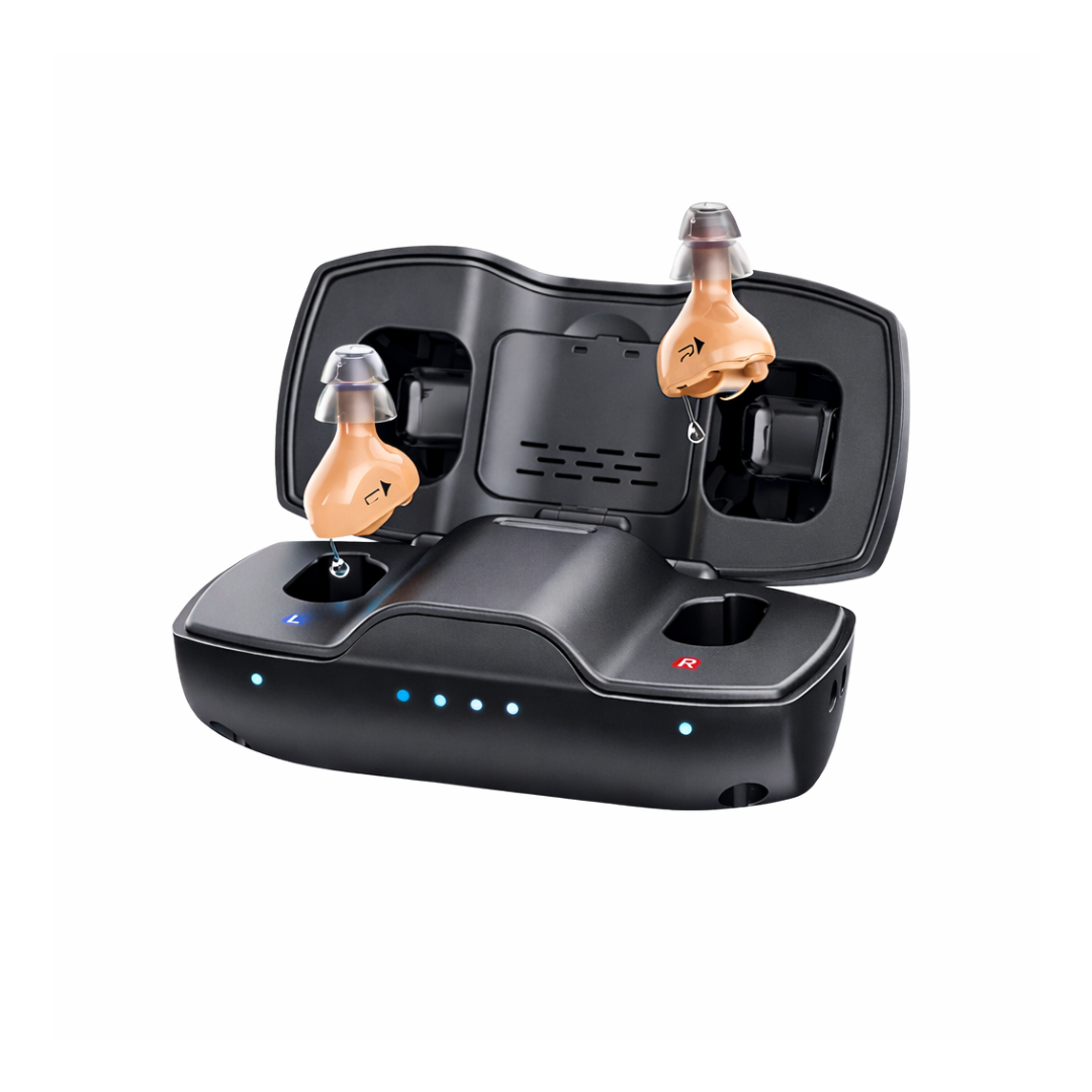 A pair of iBstone Nova Ultra Compact Hearing Aids rest in a black charging case with LED lights and an open lid. The Onsemi chip-powered aids are labeled for left and right ears.